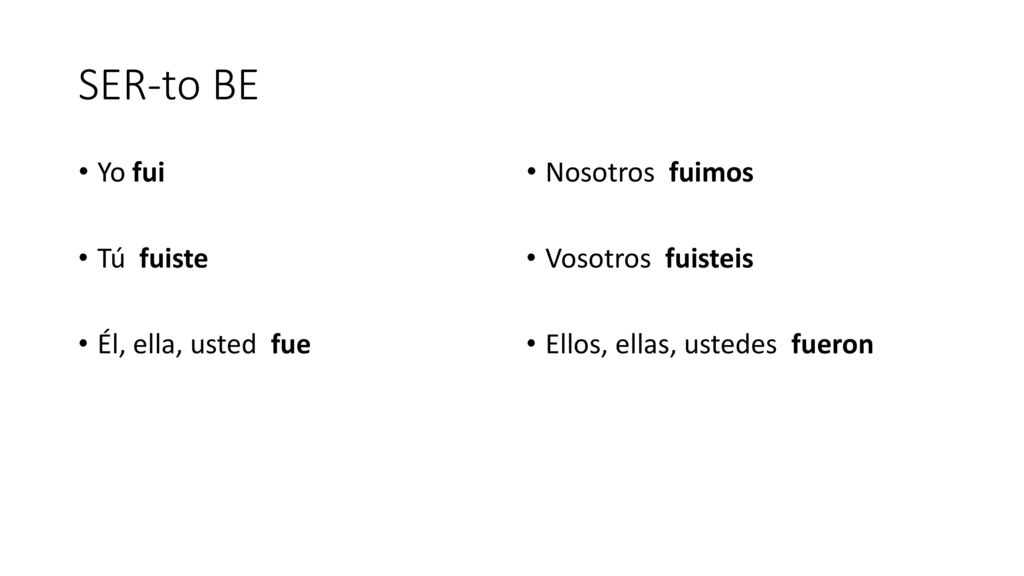 SER-to BE Yo fui Tú fuiste Él, ella, usted fue Nosotros fuimos