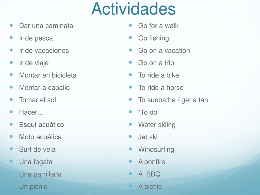 Actividades Dar una caminata Ir de pesca Ir de vacaciones Ir de viaje