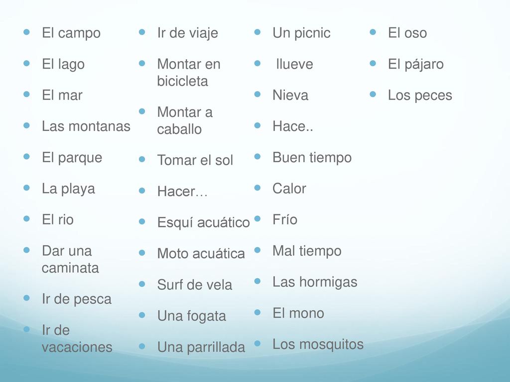 El campo Ir de viaje. Un picnic. El oso. El lago. Montar en bicicleta. llueve. El pájaro. El mar.