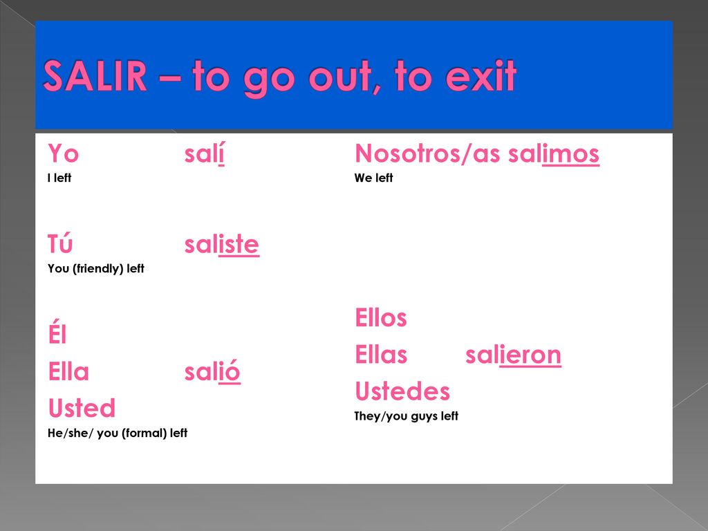 SALIR – to go out, to exit Yo salí Tú saliste Él Ella salió Usted