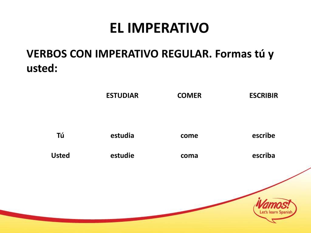 EL IMPERATIVO VERBOS CON IMPERATIVO REGULAR. Formas tú y usted:
