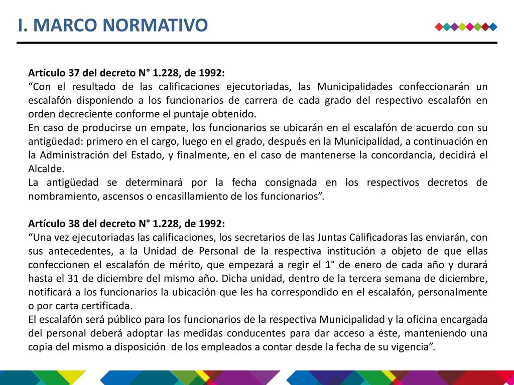 I. MARCO NORMATIVO Artículo 37 del decreto N° 1.228, de 1992: