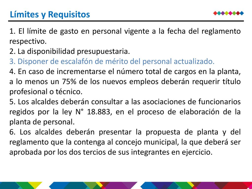 Límites y Requisitos 1. El límite de gasto en personal vigente a la fecha del reglamento respectivo.
