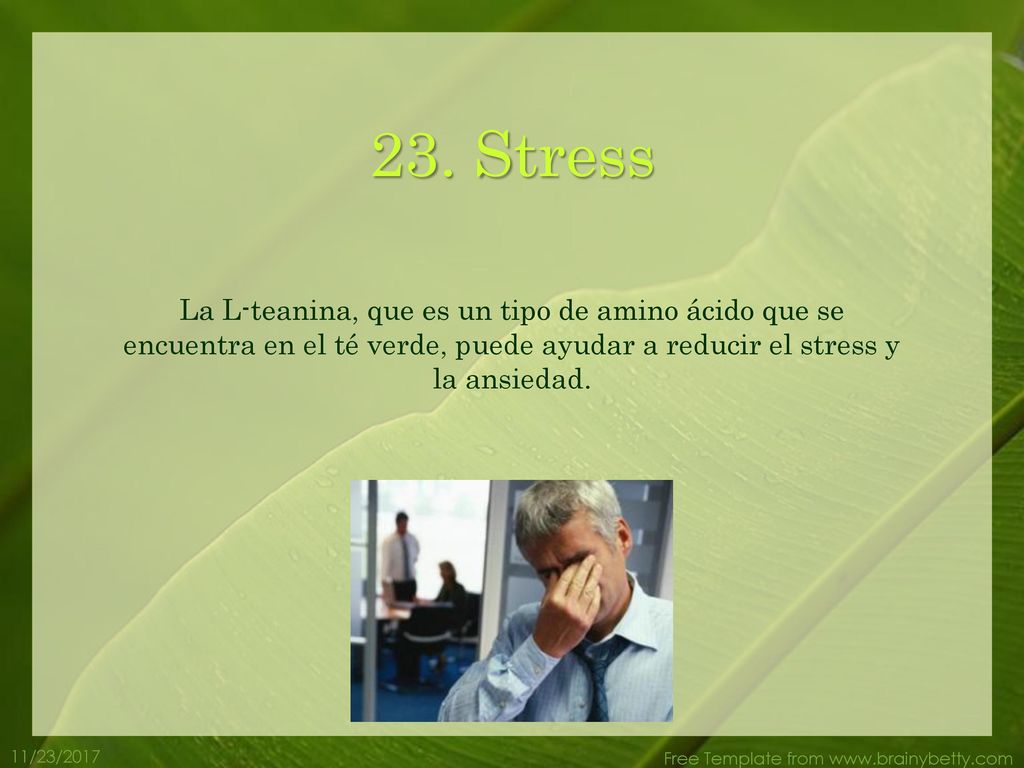 23. Stress La L-teanina, que es un tipo de amino ácido que se encuentra en el té verde, puede ayudar a reducir el stress y la ansiedad.