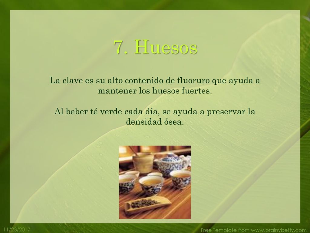Al beber té verde cada día, se ayuda a preservar la densidad ósea.