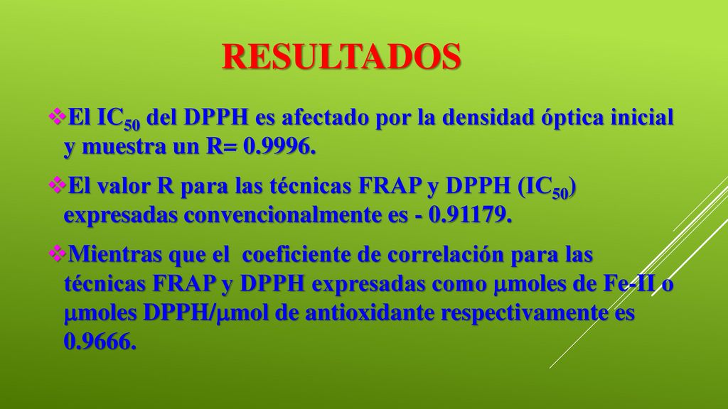 RESULTADOS El IC50 del DPPH es afectado por la densidad óptica inicial y muestra un R=