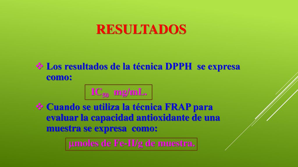 RESULTADOS Los resultados de la técnica DPPH se expresa como:
