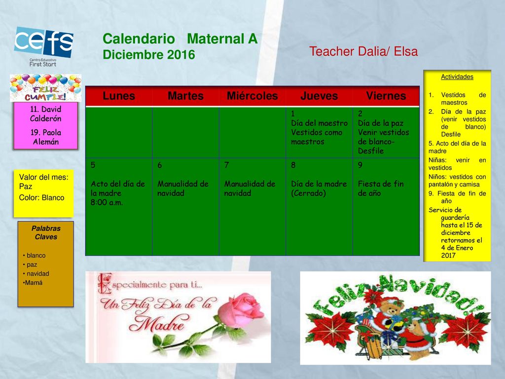 Calendario Maternal A Diciembre 2016 Teacher Dalia/ Elsa Lunes Martes
