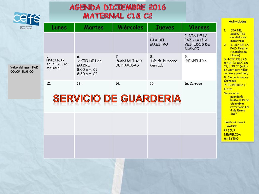 Servicio DE GUARDERIA AGENDA DICIEMBRE 2016 MATERNAL C1& C2 Lunes