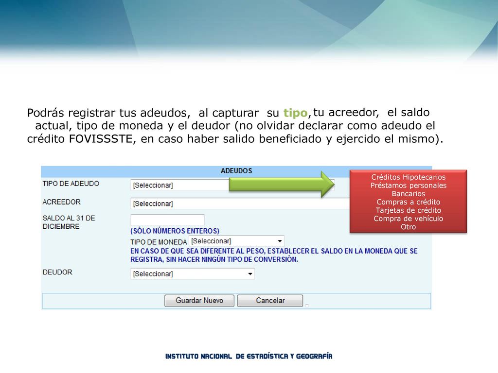 Podrás registrar tus adeudos, al capturar su tipo,