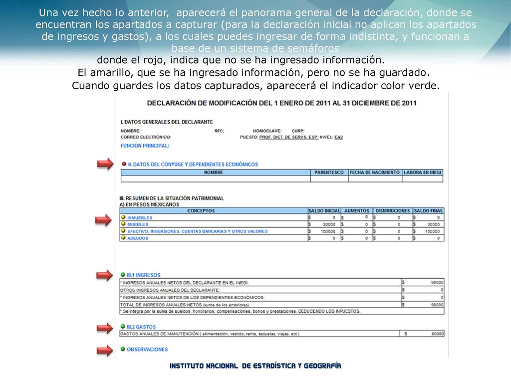 El amarillo, que se ha ingresado información, pero no se ha guardado.