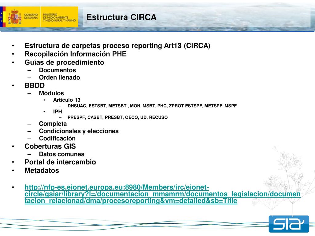 Estructura CIRCA Estructura de carpetas proceso reporting Art13 (CIRCA) Recopilación Información PHE.