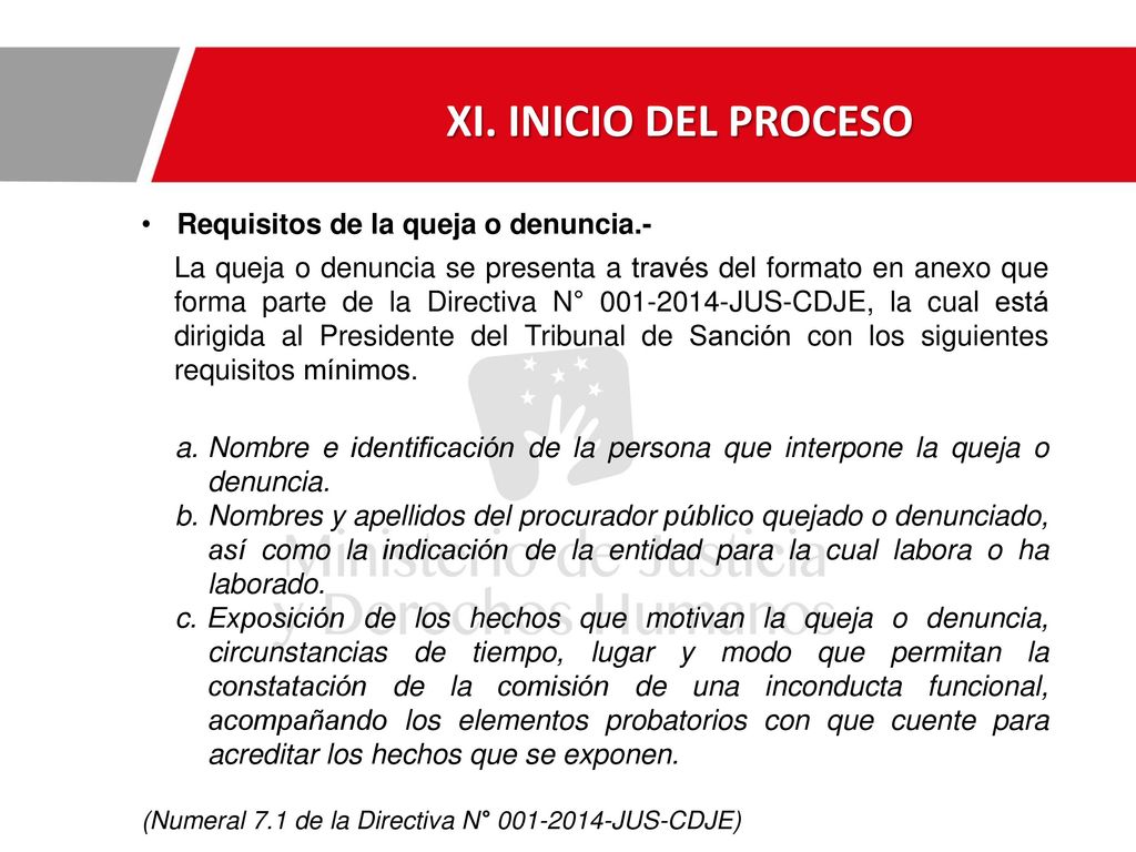 XI. INICIO DEL PROCESO Requisitos de la queja o denuncia.-