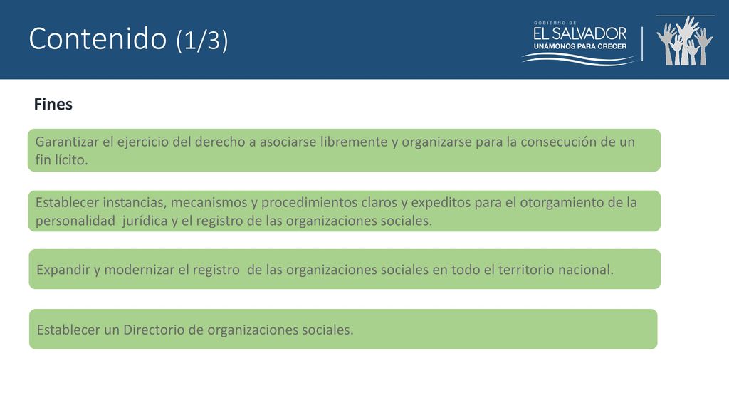 Contenido (1/3) Fines. Garantizar el ejercicio del derecho a asociarse libremente y organizarse para la consecución de un fin lícito.