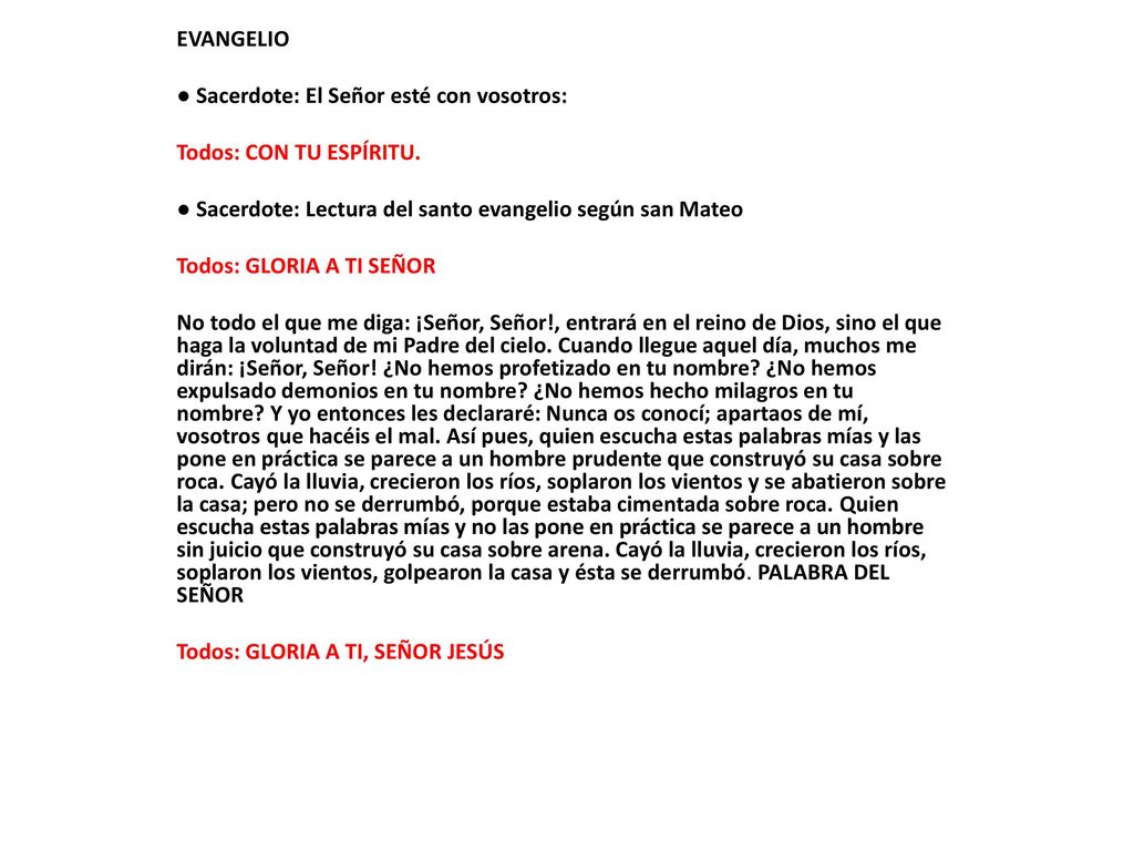 EVANGELIO ● Sacerdote: El Señor esté con vosotros: Todos: CON TU ESPÍRITU. ● Sacerdote: Lectura del santo evangelio según san Mateo.