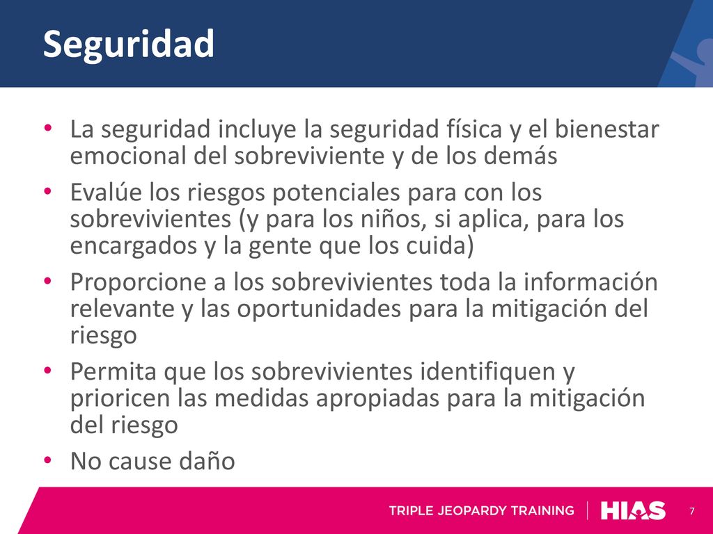 Seguridad La seguridad incluye la seguridad física y el bienestar emocional del sobreviviente y de los demás.