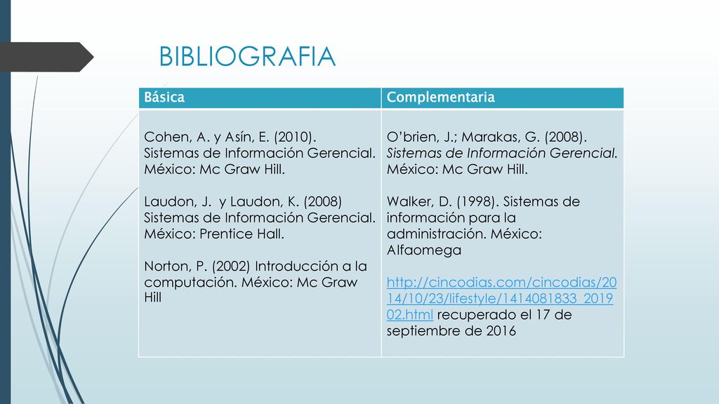 BIBLIOGRAFIA Básica. Complementaria. Cohen, A. y Asín, E. (2010). Sistemas de Información Gerencial. México: Mc Graw Hill.