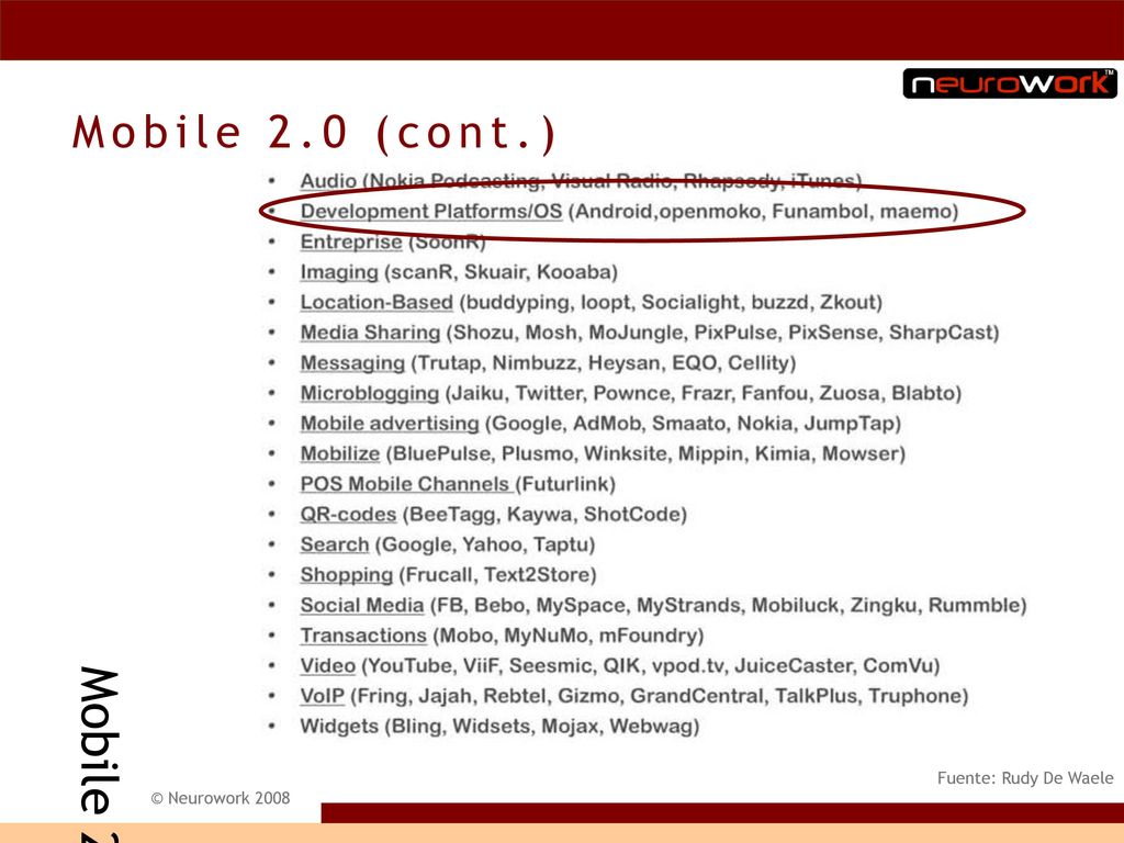 Mobile 2.0 players Mobile 2.0 (cont.) Fuente: Rudy De Waele