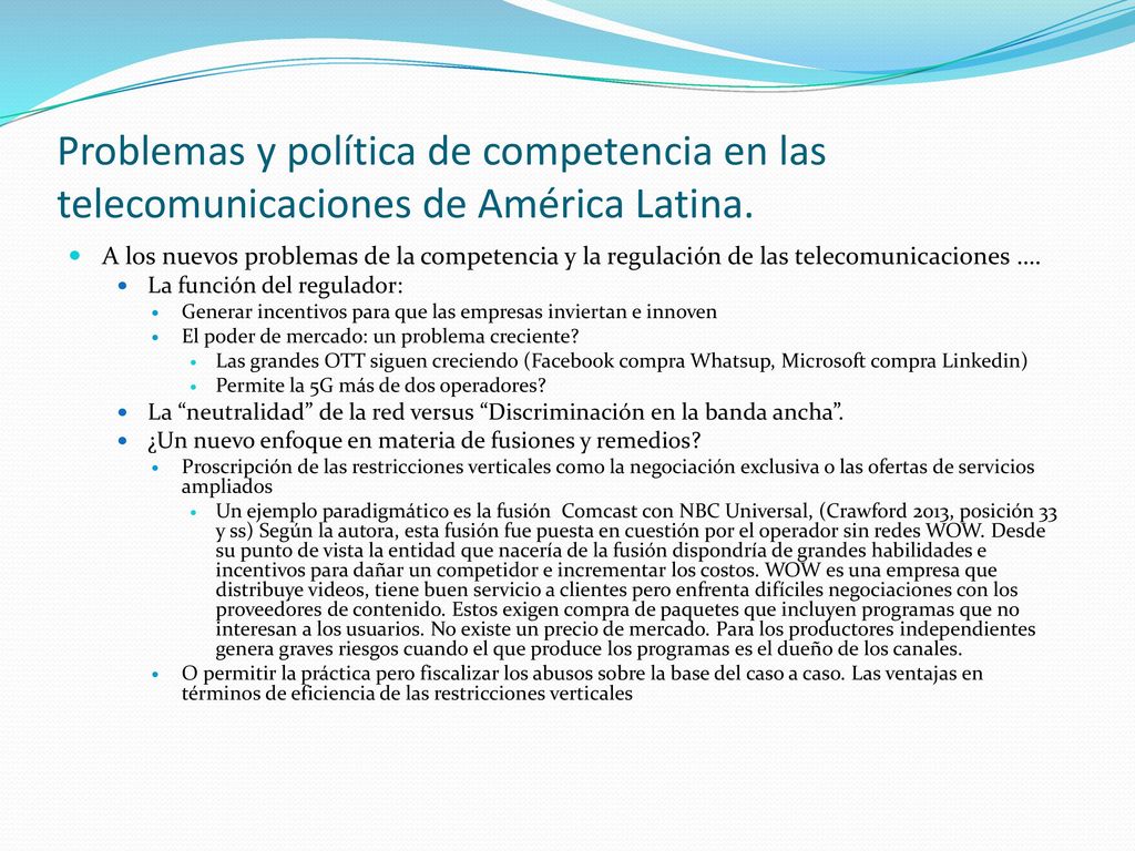 Problemas y política de competencia en las telecomunicaciones de América Latina.