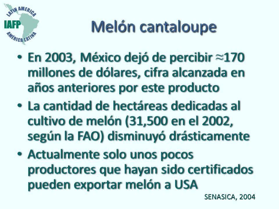 Melón cantaloupe En 2003, México dejó de percibir ≈170 millones de dólares, cifra alcanzada en años anteriores por este producto.