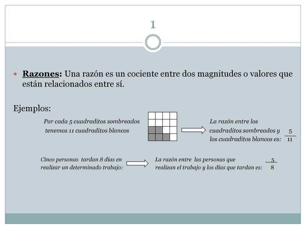 1 Razones: Una razón es un cociente entre dos magnitudes o valores que están relacionados entre sí.