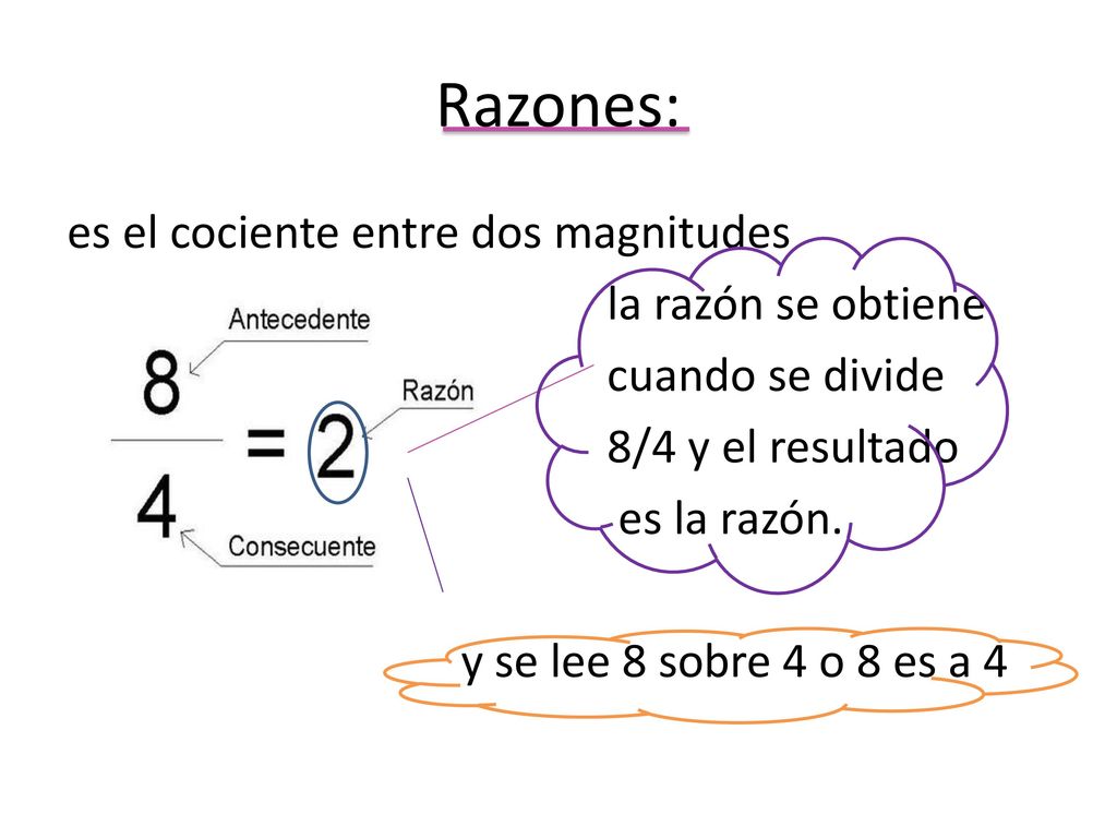 Razones: es el cociente entre dos magnitudes la razón se obtiene cuando se divide 8/4 y el resultado es la razón.