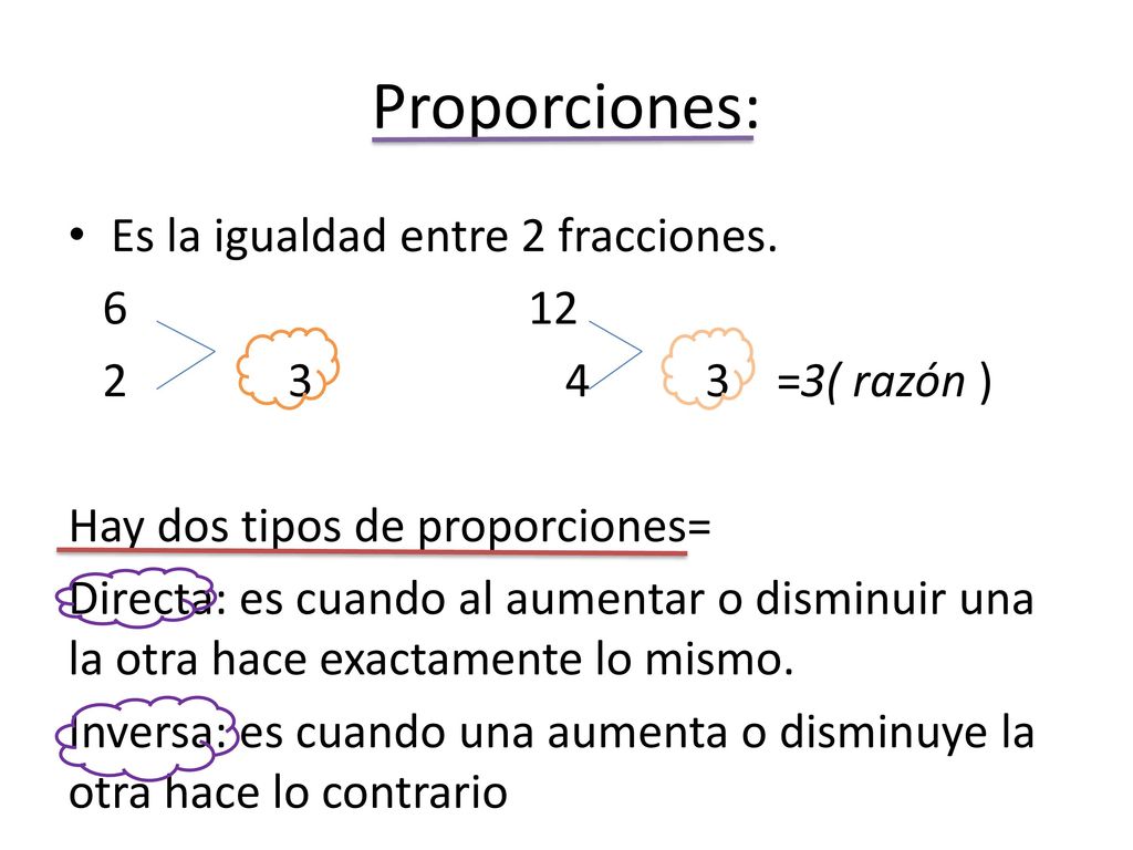 Proporciones: Es la igualdad entre 2 fracciones. 6 12