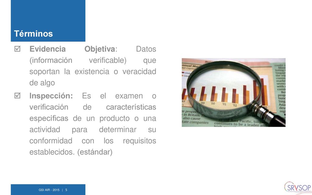 Términos Evidencia Objetiva: Datos (información verificable) que soportan la existencia o veracidad de algo.
