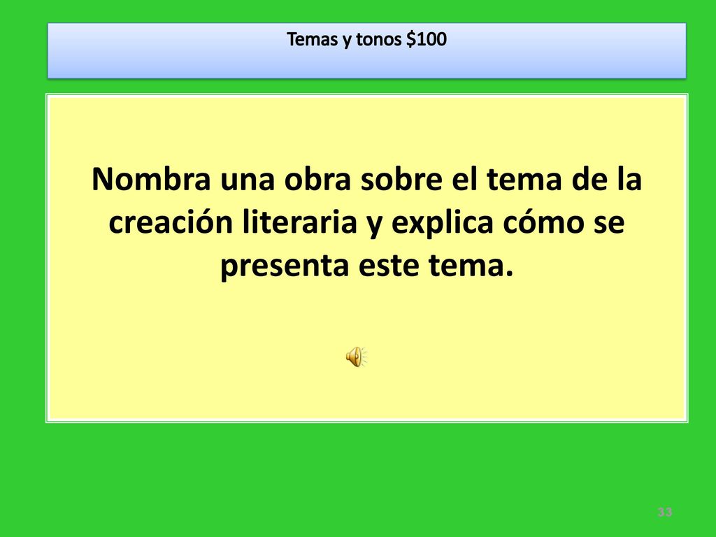 Temas y tonos $100 Nombra una obra sobre el tema de la creación literaria y explica cómo se presenta este tema.