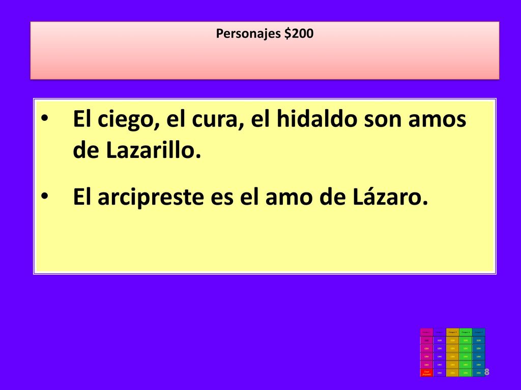 El ciego, el cura, el hidaldo son amos de Lazarillo.