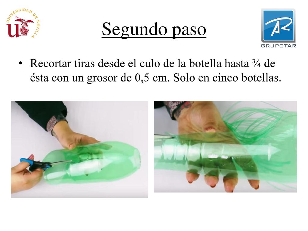Segundo paso Recortar tiras desde el culo de la botella hasta ¾ de ésta con un grosor de 0,5 cm.