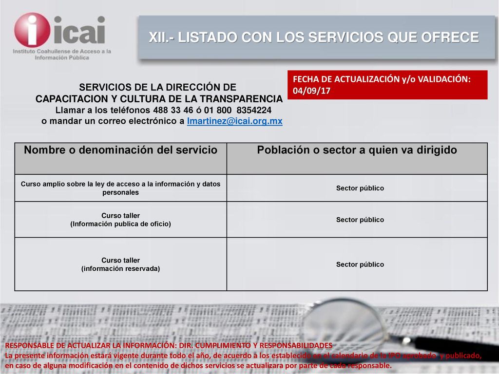 XII.- LISTADO CON LOS SERVICIOS QUE OFRECE