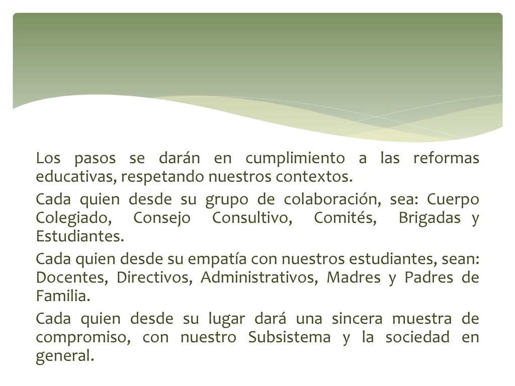 Los pasos se darán en cumplimiento a las reformas educativas, respetando nuestros contextos.