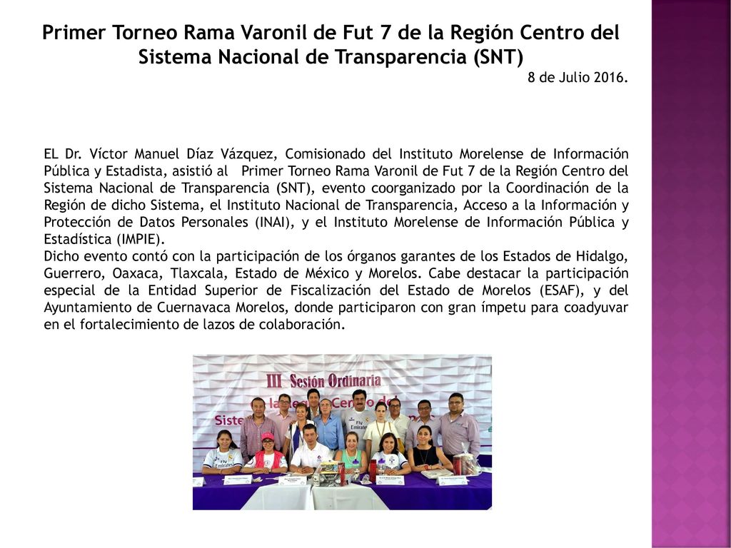 Primer Torneo Rama Varonil de Fut 7 de la Región Centro del Sistema Nacional de Transparencia (SNT)