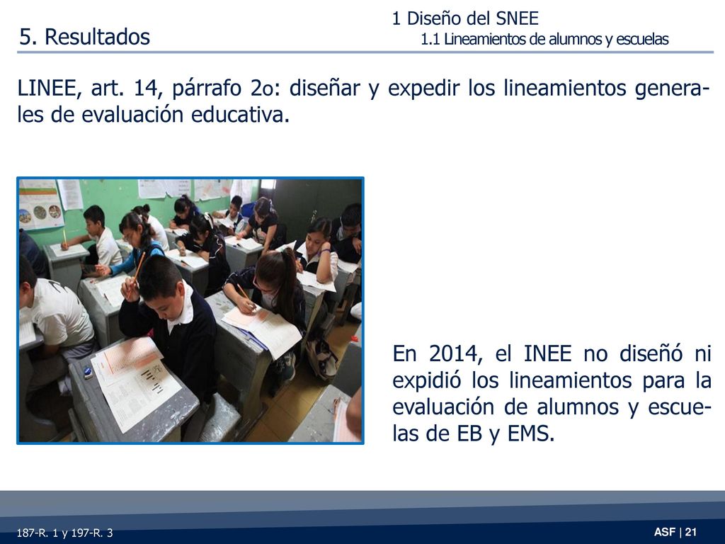 1 Diseño del SNEE 1.1 Lineamientos de alumnos y escuelas. 5. Resultados.