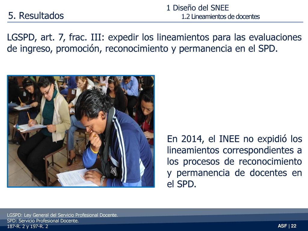 1 Diseño del SNEE 1.2 Lineamientos de docentes. 5. Resultados.