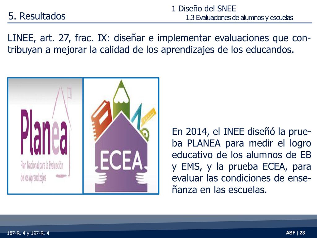 1 Diseño del SNEE 1.3 Evaluaciones de alumnos y escuelas. 5. Resultados.