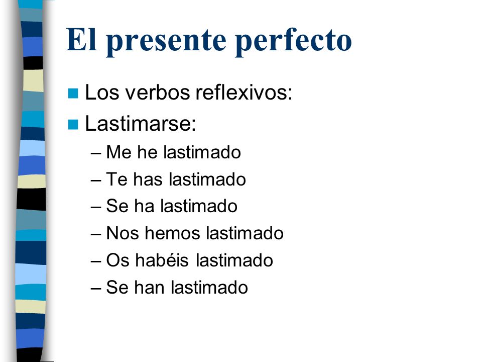 El presente perfecto Los verbos reflexivos: Lastimarse: