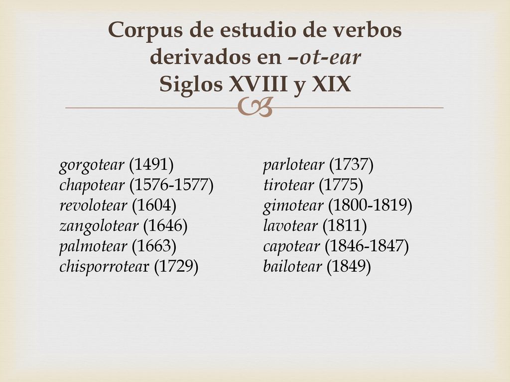 Corpus de estudio de verbos derivados en –ot-ear Siglos XVIII y XIX