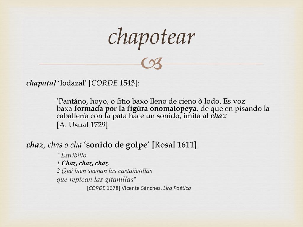 chapotear chaz, chas o cha ‘sonido de golpe’ [Rosal 1611].