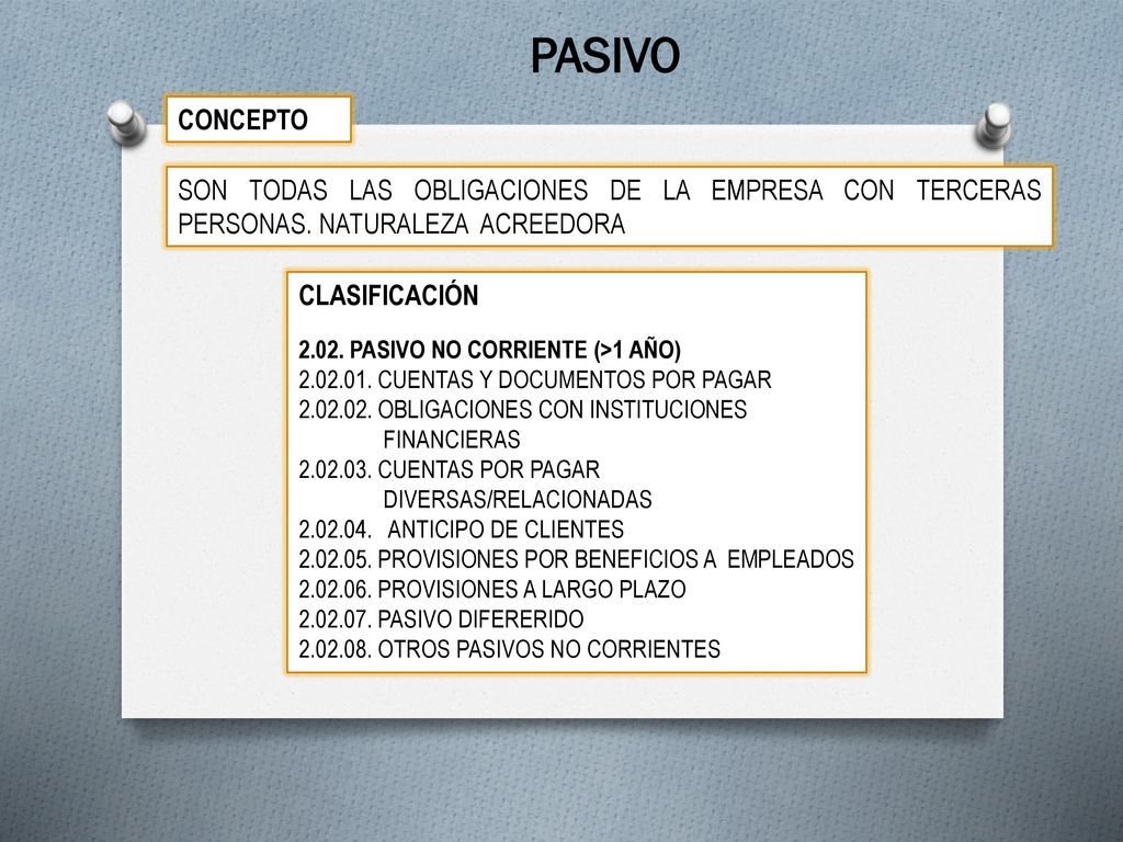 PASIVO CONCEPTO. SON TODAS LAS OBLIGACIONES DE LA EMPRESA CON TERCERAS PERSONAS. NATURALEZA ACREEDORA.