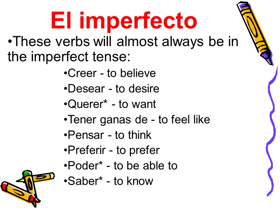 El imperfecto These verbs will almost always be in the imperfect tense: Creer - to believe. Desear - to desire.