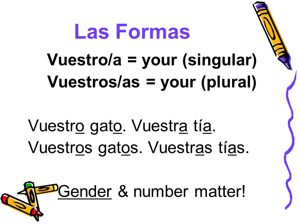 Vuestro/a = your (singular)