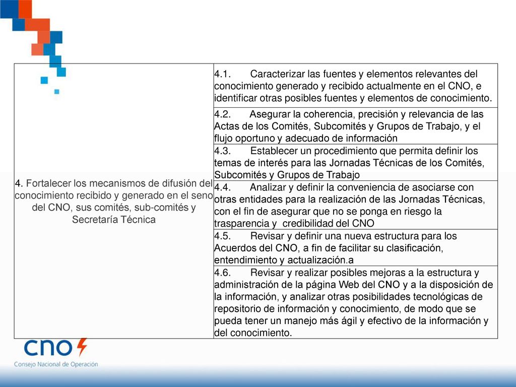 4. Fortalecer los mecanismos de difusión del conocimiento recibido y generado en el seno del CNO, sus comités, sub-comités y Secretaría Técnica