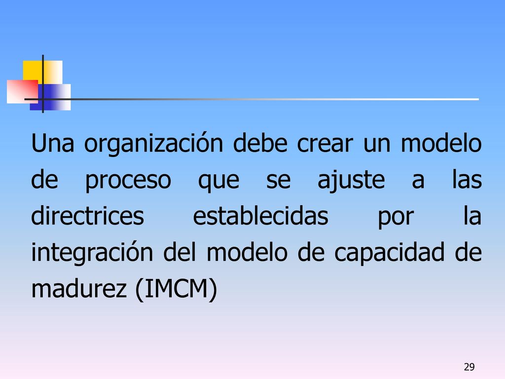 Una organización debe crear un modelo de proceso que se ajuste a las directrices establecidas por la integración del modelo de capacidad de madurez (IMCM)