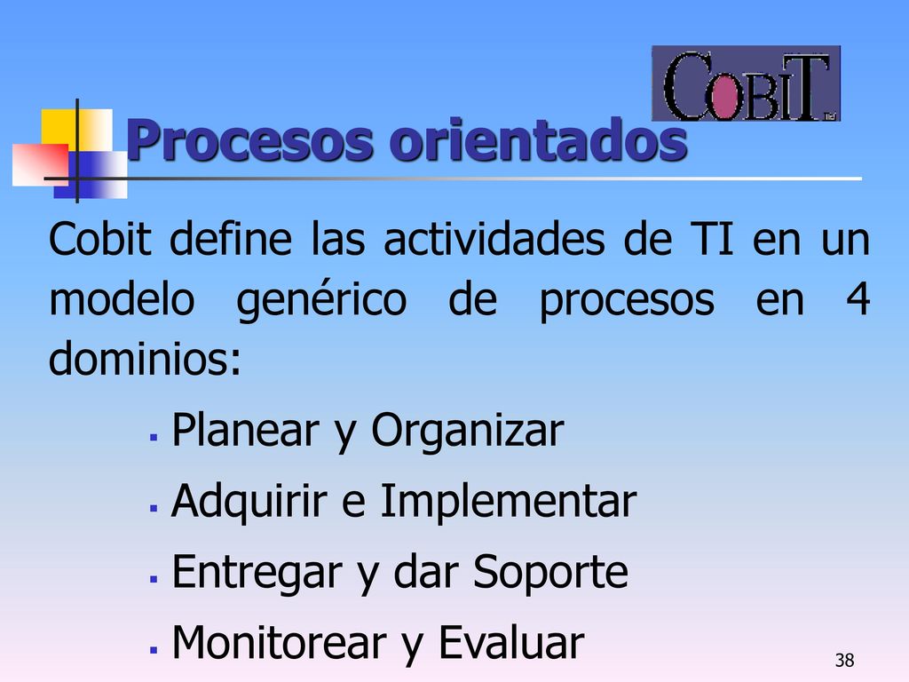 Procesos orientados Cobit define las actividades de TI en un modelo genérico de procesos en 4 dominios: