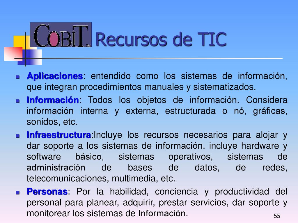 Recursos de TIC Aplicaciones: entendido como los sistemas de información, que integran procedimientos manuales y sistematizados.