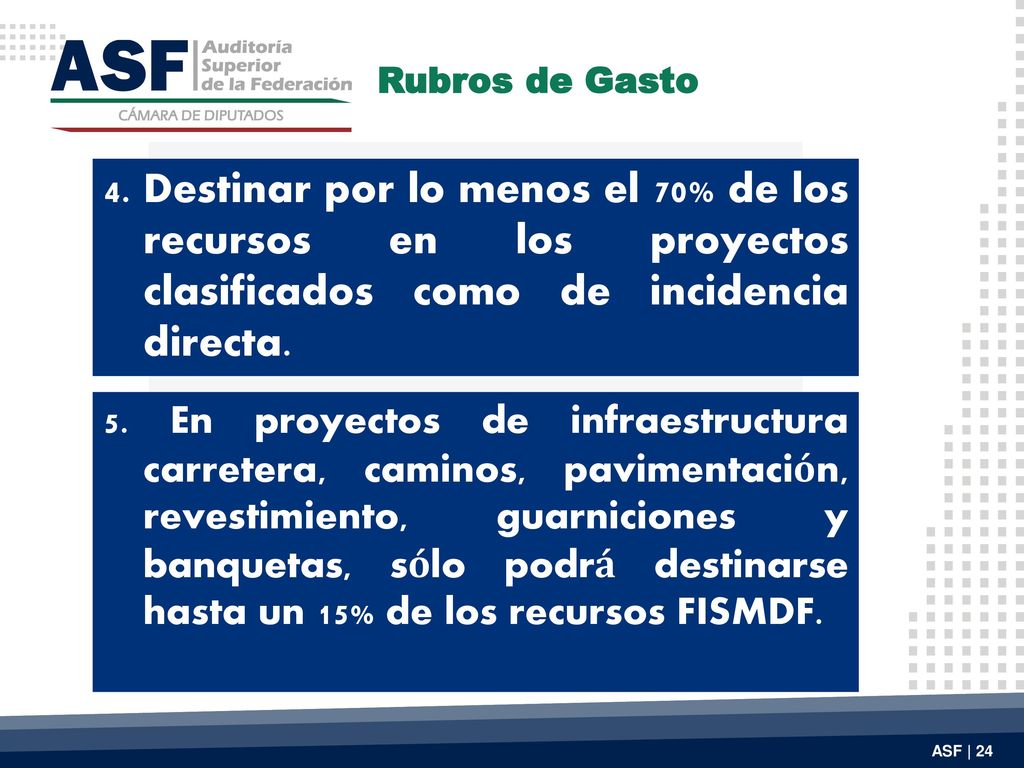 Rubros de Gasto 4. Destinar por lo menos el 70% de los recursos en los proyectos clasificados como de incidencia directa.