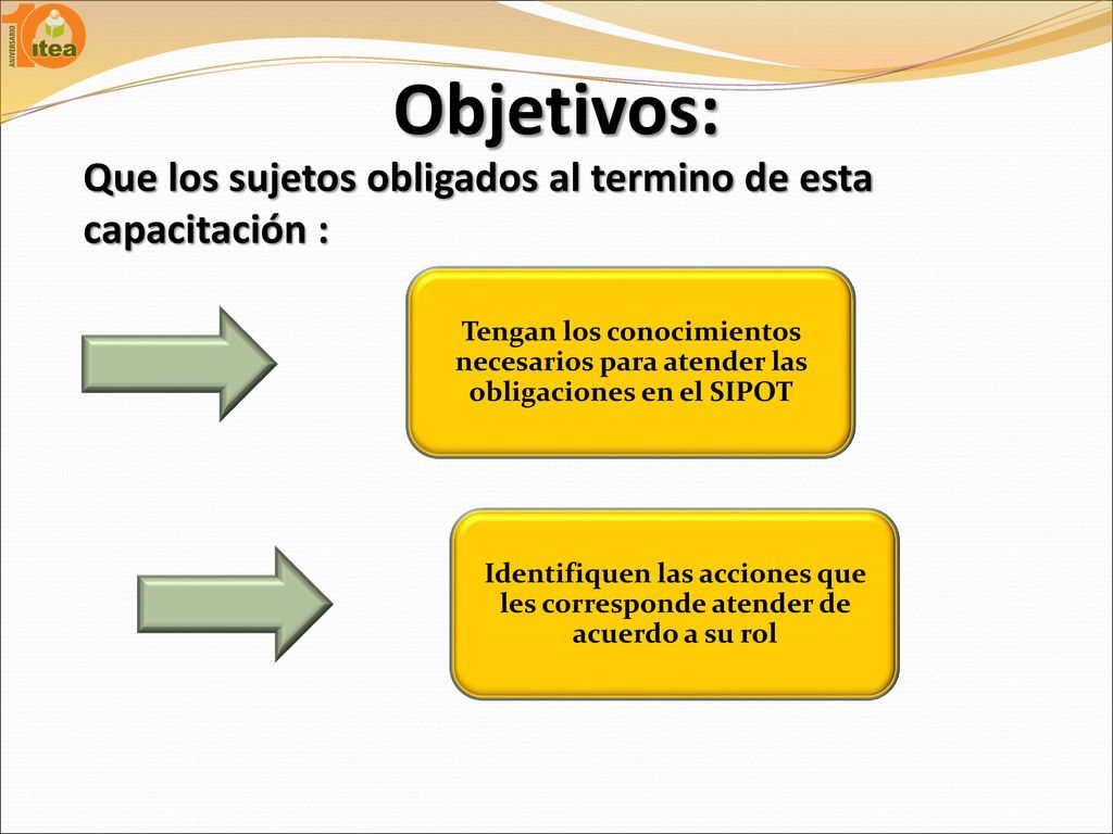 Objetivos: Que los sujetos obligados al termino de esta capacitación :