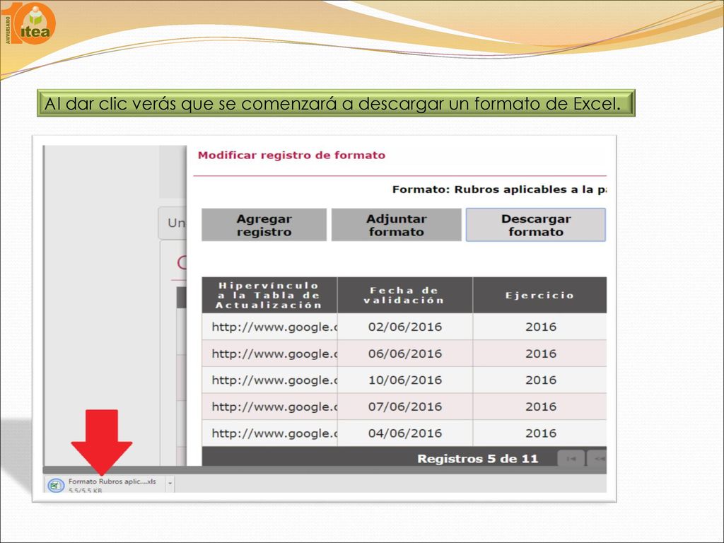 Al dar clic verás que se comenzará a descargar un formato de Excel.